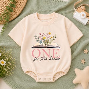 One For The Books Baby Romper Short Sleeves, First Chapter Birthday Bodysuit, Floral Book Romper