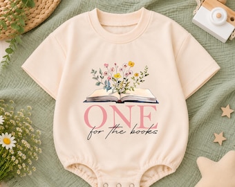 One For The Books Baby Romper Short Sleeves, First Chapter Birthday Bodysuit, Floral Book Romper