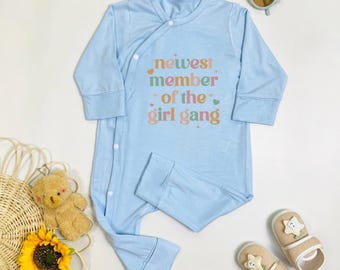 Newest Girl Gang Member Baby Romper, Bamboo Fabric Announcement Outfit