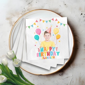 Custom Photo Napkins, Happy Birthday Napkins, Personalized Birthday Photo Napkins, Birthday Party Napkins