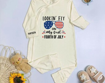 Lookin Fly On My First Fourth Of July Baby Bodysuit, Patriotic Baby Romper, Custom First 4Th July Outfit