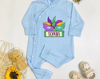 Personalized Mardi Gras Mask Baby Bodysuit, Mardi Gras Baby Romper, Louisiana Carnival Baby Gift