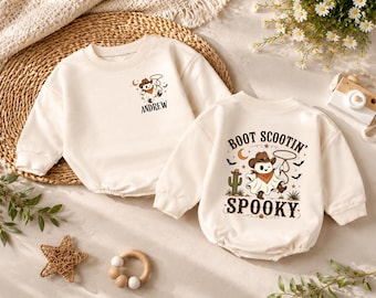 Personalized Boot Scooting Baby Romper, Spooky Halloween Baby Bodysuit, Halloween Cowboy Outfit