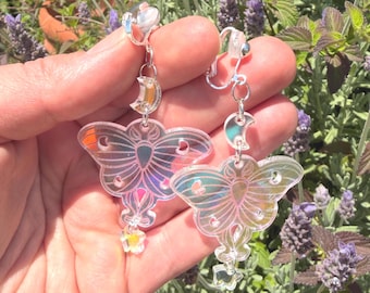 Iridescent Luna Moth Earrings with Moons & Stars, Acrylic Dangle Earrings | Celestial Whimsical Jewelry by Sey Studios
