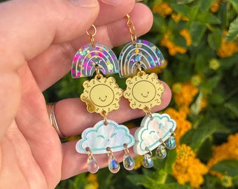Rainbow Sunshine Cloud Earrings – Hand Painted Acrylic Dangles with Crystal Raindrops, Whimsical Weather Jewelry by Sey Studios