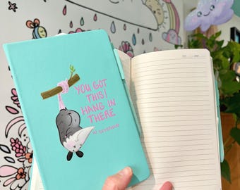 Hang In There Opposum Journal, Diary with Pen, in Aqua