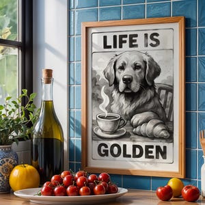 Golden Retriever Drinking Coffee, Eating Wall Art, Coffee Lover Print, Dog Gift, Funny Dog Poster, Kitchen Wall Decor.