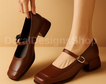 Black Leather Mary Jane Shoes for Women, Square Toe Flats with Low Block Heel, Vintage Retro Style Classic Comfortable Footwear