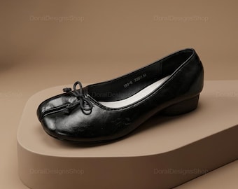Spring Split Toe Ballet Flats for Women | Soft Leather Bow Slip On Tabi Shoes | Shallow Flat Loafers | Casual Autumn Wear | Everyday Style