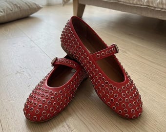 Mesh Ballet Flats for Women, Studded Mary Jane Shoes, Rhinestone Mesh Flats, Buckle Strap Pointed Toe Shoes, Punk Casual Summer Ballet Flats