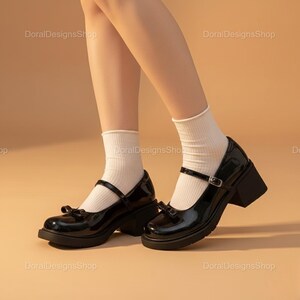May include: Black patent leather Mary Jane style shoes with a bow detail and a chunky heel. The shoes have a strap across the top with a buckle closure. The heel height is approximately 2.5 inches.
