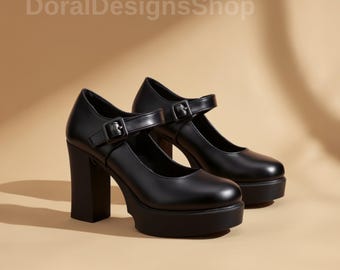 May include: A pair of black Mary Jane shoes with a high block heel and a platform sole. Each shoe features a single strap across the instep with a matching black buckle closure. The text DoralDesignsShop is visible in the upper left corner.