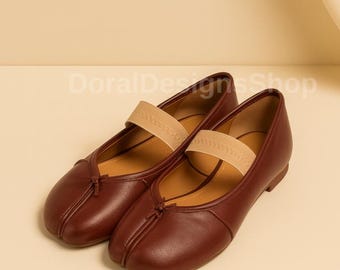Eco Leather Retro Split Toe Ballet Flats, Single Band Mary Jane Shoes with Adjustable Strap, Tabi Style Ballerina Flats