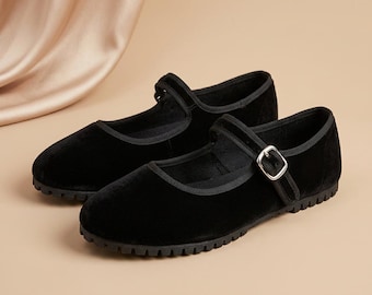 Velvet Mary Jane Flats Women | Casual Ballet Shoes | Round Toe Canvas Loafers | Soft Buckle Strap Flats | Everyday Streetwear  Style Wear