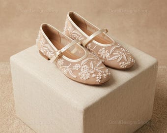Women Mesh Embroidery Ballet Flats | Mary Jane Shoes | Beaded Breathable Flats | Soft Heel Buckle Shoes |Elegant Comfort Wedding Style Daily