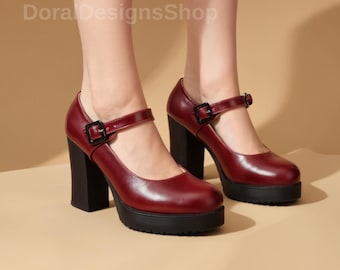 Burgundy Leather Mary Jane Heels for Women, Retro Inspired Classic Pumps, Elegant Strap High Heel Shoes for Dressy Occasions