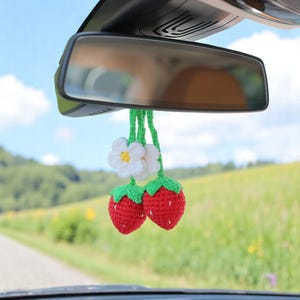 Set of 2 Strawberry Car Charms – Crochet Fruit Mirror Hanging, Cute Car Accessories, Plant Lover Gift, Boho Flower Decor