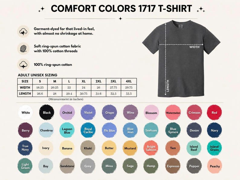 May include: A Comfort Colors 1717 t-shirt size chart featuring a dark grey short-sleeve shirt with width and length measurement lines. Includes a table with sizes S to 4XL in inches and a color palette of forty-eight circular swatches with names.
