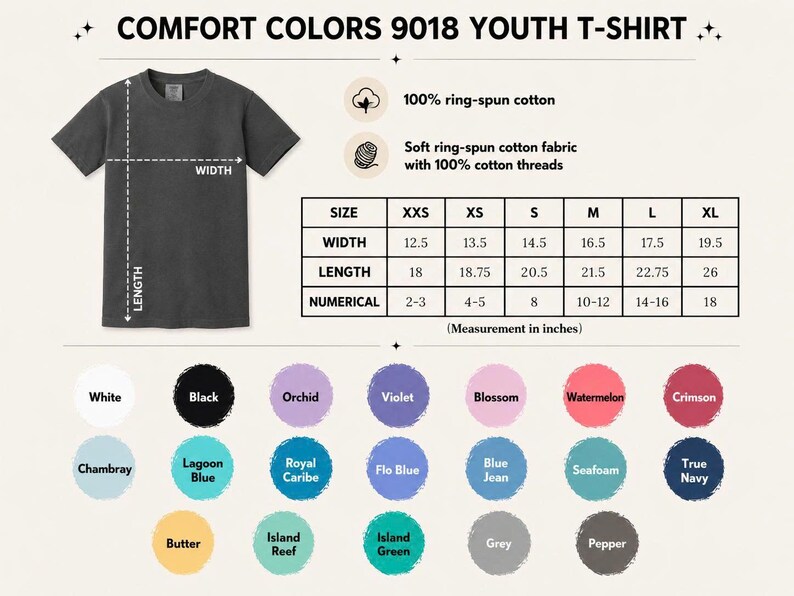 May include: A dark grey Comfort Colors 9018 youth t-shirt with a size chart showing width and length in inches. The chart lists sizes from XXS to XL with corresponding measurements. Below are twenty-one circular color swatches with labels.