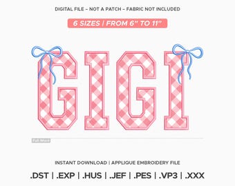 Gigi Applique With Bows Embroidery Design, Coquette Varsity Letter, 6 Sizes, Instant Download