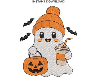 Halloween Ghost Embroidery Design | Pumpkin, Coffee & Bats | 7 Sizes 2"–5" | Machine Embroidery Files