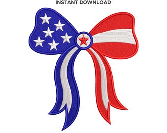 USA Flag Bow Embroidery, 250th Anniversary Patriotic Design, Coquette Americana, 6 Sizes, Instant Download