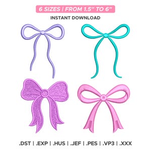 Puede incluir: Cuatro diseños de lazos bordados en tonos morado, turquesa y rosa. Los lazos varían en estilo, algunos con costuras detalladas. El texto superior dice "6 TAMAÑOS | DE 3,8 cm A 15,2 cm" y "DESCARGA INSTANTÁNEA". Formatos de archivo abajo.
