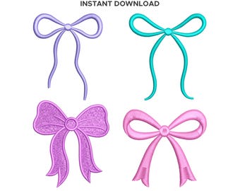 Coquette Bow Embroidery Bundle, 4 Ribbon Designs For Shirts, 6 Sizes