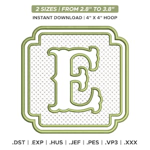 May include: An embroidered design featuring the letter "E" in a decorative font, framed within a green border. The design is set against a textured background. Text at the top reads "2 SIZES | FROM 7.1cm TO 9.7cm" and "INSTANT DOWNLOAD | 10.2cm X 10.2cm HOOP".