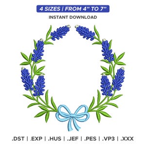 May include: An embroidery design of a wreath made of blue flowers and green leaves, tied with a light blue bow. The text "4 SIZES | FROM 10cm TO 18cm" and "INSTANT DOWNLOAD" is at the top. File formats are listed at the bottom.