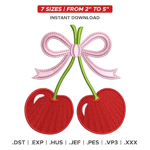 May include: An embroidered design of two red cherries with green stems and a pink bow. The text "7 SIZES | FROM 2" TO 5" INSTANT DOWNLOAD" is at the top. The design is available in multiple file formats.