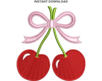 Cherry Embroidery Design with Pink Bow | Machine Embroidery Files (Digital Download)
