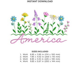 America Wildflower Embroidery Pattern, Feminine Patriotic Digitized Design, 250th Anniversary, 4 Sizes