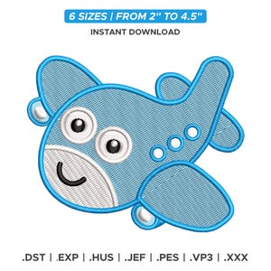 Airplane Embroidery Design: Cute Blue Cartoon Plane, 6 Sizes from 2&quot; to 4.5&quot;, Instant Download File