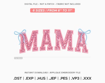 Mama Applique With Bows Embroidery Design, Coquette Varsity Letter, 6 Sizes, Instant Download