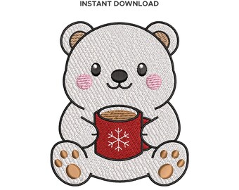 Christmas Polar Bear Embroidery Design: Hot Cocoa, Sizes 2"–4.5", Digital Download