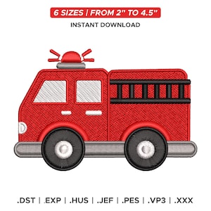 Może przedstawiać: Czerwony wzór wozu strażackiego z czarnymi kołami, drabiną i syreną. Obraz zawiera tekst "6 ROZMIARÓW / OD 5 cm DO 11,4 cm" i "NATYCHMIASTOWE POBIERANIE". Formaty plików są wymienione na dole.