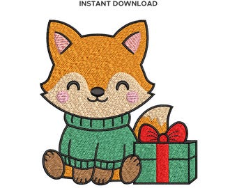 Christmas Fox Machine Embroidery Design: Gift Box, 6 Sizes 2"–4.5", Instant Digital Download