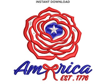America Rose Embroidery Pattern, Patriotic Floral Digitized Design, 250th Anniversary, 7 Sizes