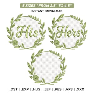 Diseño bordado de toalla con monograma botánico "His & Hers" (descarga digital)
