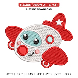 Airplane Embroidery Design: Cartoon Plane, 6 Sizes from 2&quot; to 4.5&quot;, Instant Digital Download
