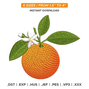 Puede incluir: Un diseño de bordado de naranja detallado con hojas verdes y una flor blanca. El diseño está disponible en 6 tamaños, que van desde 3,8 cm hasta 10,2 cm. También se incluye el texto "DESCARGA INSTANTÁNEA".