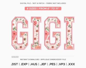 Gigi Applique Embroidery Design, Varsity Letter Machine Embroidery File, 6 Sizes, Instant Download
