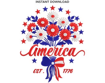 Floral America Embroidery Pattern, Patriotic Bow Digitized Design, 250th Anniversary, 6 Sizes
