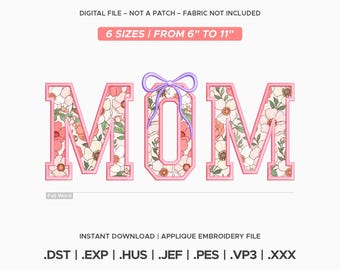 Mom Applique With Bow Embroidery, Mother's Day Gift Design, Coquette Varsity, 6 Sizes
