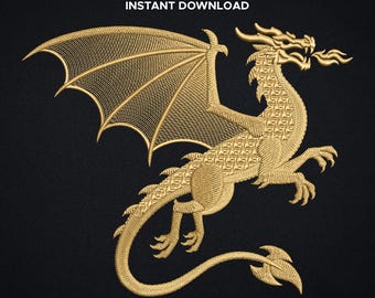 Golden Dragon Machine Embroidery Design File, 7 Sizes 3.8"–10", Instant Digital Download