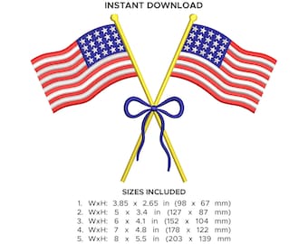 Crossed American Flags Embroidery, Patriotic Design, US Semiquincentennial, 5 Sizes, Instant Download