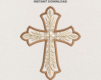 Ornate Christian Cross Embroidery Design, Leaf Motifs (2-5 inch) pes, dst, exp, hus, jef