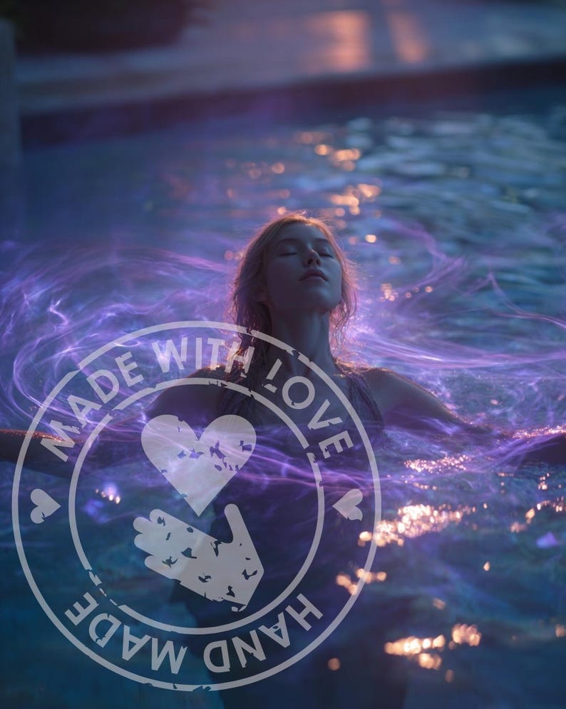 Puede incluir: Una persona en una piscina con vetas de luz p&uacute;rpura y el texto "MADE WITH LOVE HAND MADE" en un dise&ntilde;o de sello circular. La persona est&aacute; en el agua con los ojos cerrados.