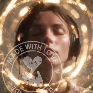 Puede incluir: Una persona con auriculares y los ojos cerrados, rodeada de un efecto de luz dorada borrosa. Un gr&aacute;fico circular con las palabras "MADE WITH LOVE" y un dise&ntilde;o de coraz&oacute;n y mano est&aacute; superpuesto a la imagen.
